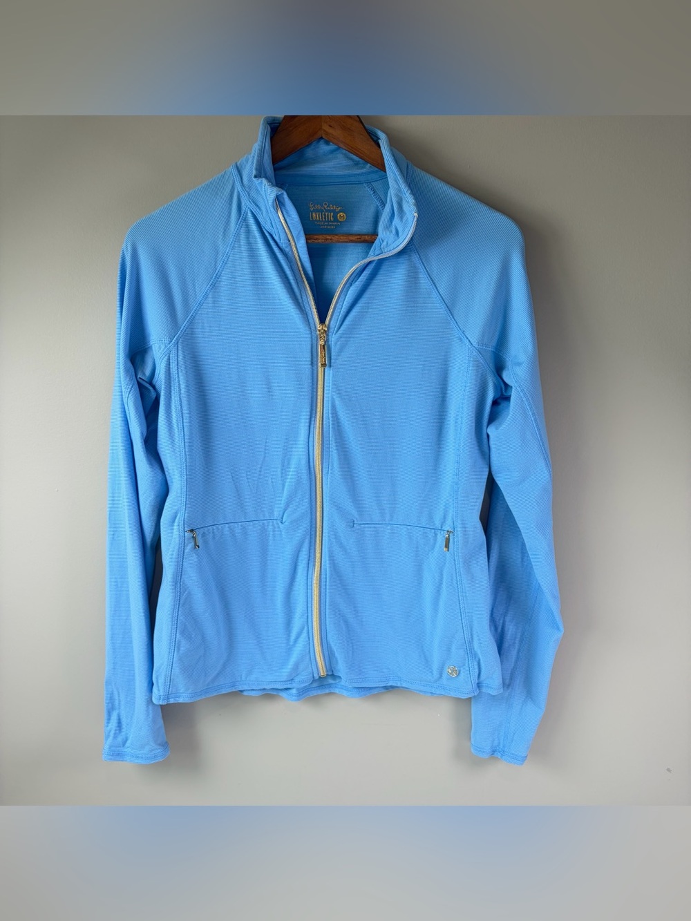 Lilly Pulitzer Luxletic Kapri Full Light Blue Zip Up Gold Accents Women's Size M